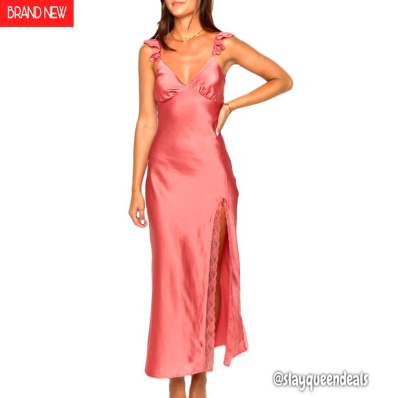 Dresses & Skirts - Satin Backless Maxi Dress with Lace Trim, V Neck, Leg Slit for Formal Events